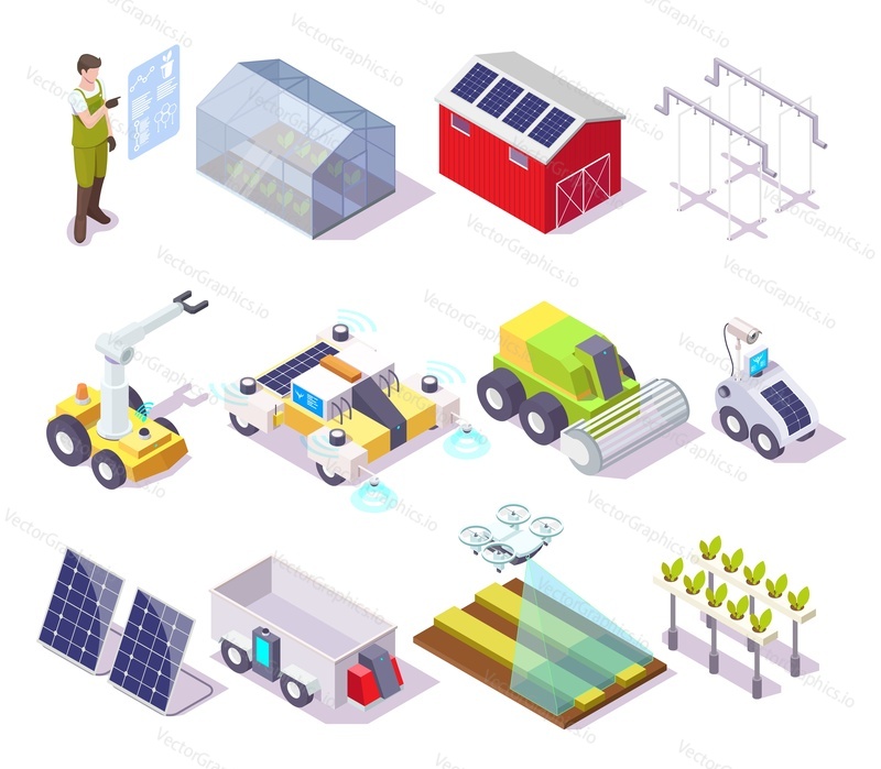 Smart farm icon set, flat vector isometric illustration. Farmer, drone, greenhouse, solar energy panels, agricultural robotics and automated equipment for sustainable crop production. Farm automation.