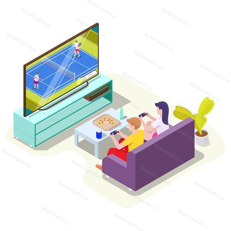 Man and woman gamers in headphones playing tennis video game on tv with controllers sitting on sofa, flat vector isometric illustration. Online gaming, video console games, cybersport.
