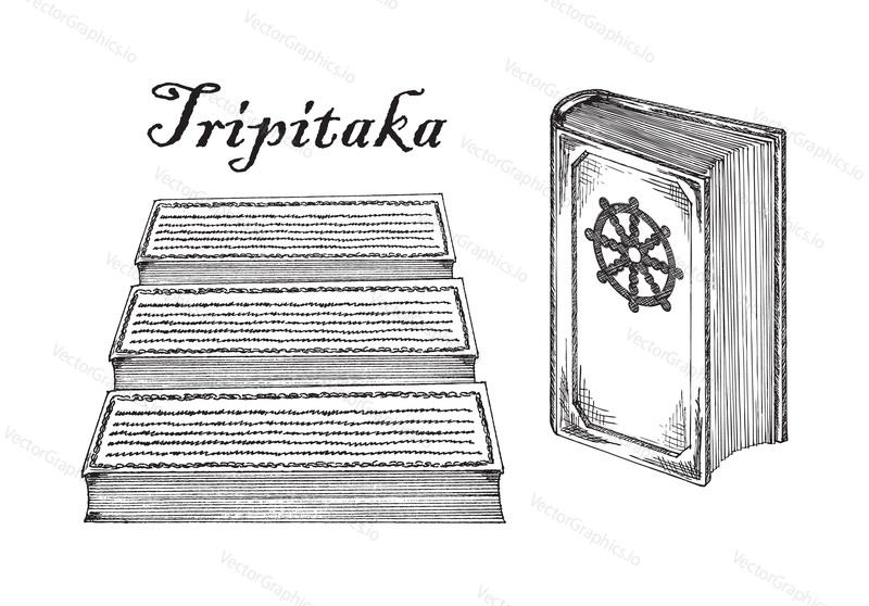 Tripitaka, Buddhism religion Holy book. Ancient Tipitaka, buddhist sacred texts, holy scriptures, vector vintage sketch style illustration isolated on white background.