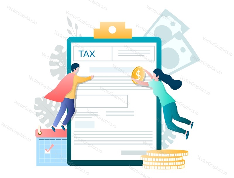 People filing tax form, flat vector illustration. Tax payment, income tax return filing deadline, taxation concept.