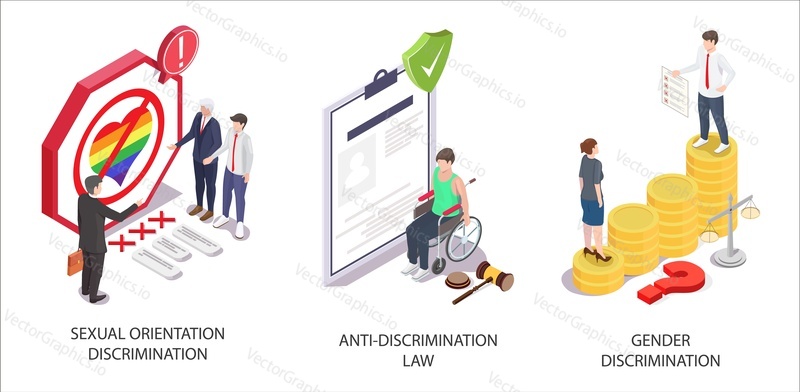 Employment discrimination scene set, flat vector isometric illustration. Sexual orientation and gender discrimination in workplace, anti-discrimination law.