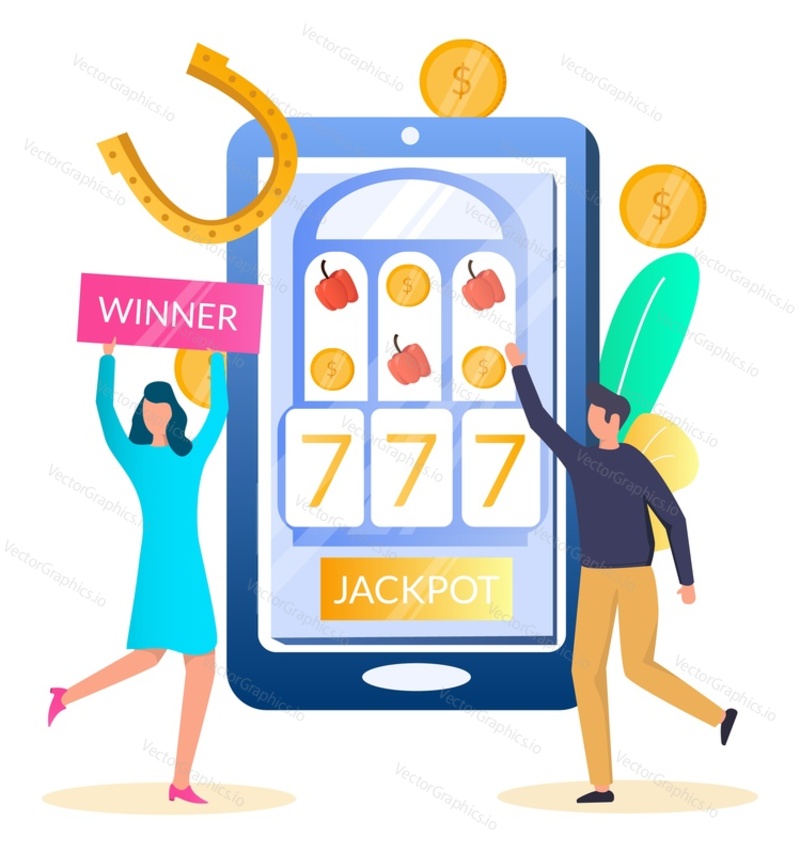 Slot machine on smartphone screen. People playing slot games on mobile phone and winning jackpot, flat vector illustration. Mobile slot app, casino online.