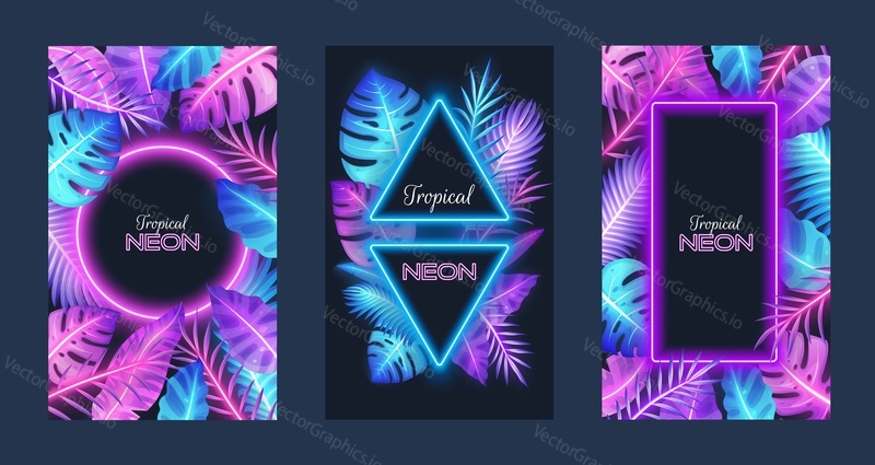 Tropical neon card template set, vector isolated illustration. Abstract composition of different neon frames and exotic palm tree, monstera, jungle plant leaves.