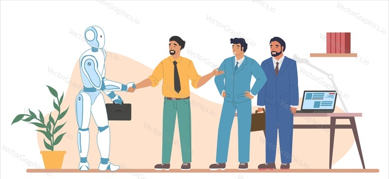 Business people greeting smart robot machine in office. AI and humans working together, flat vector illustration. Artificial intelligence and human collaboration, cooperation.