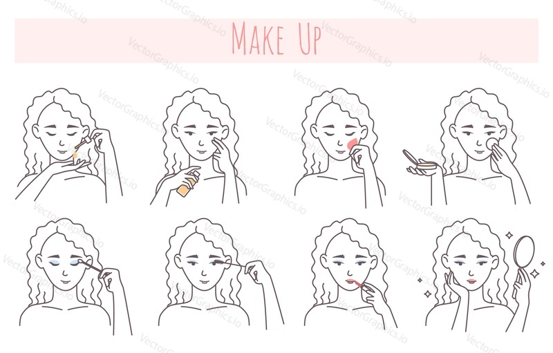 Face makeup application steps, vector illustration. Facial skin care routine, beauty procedure.