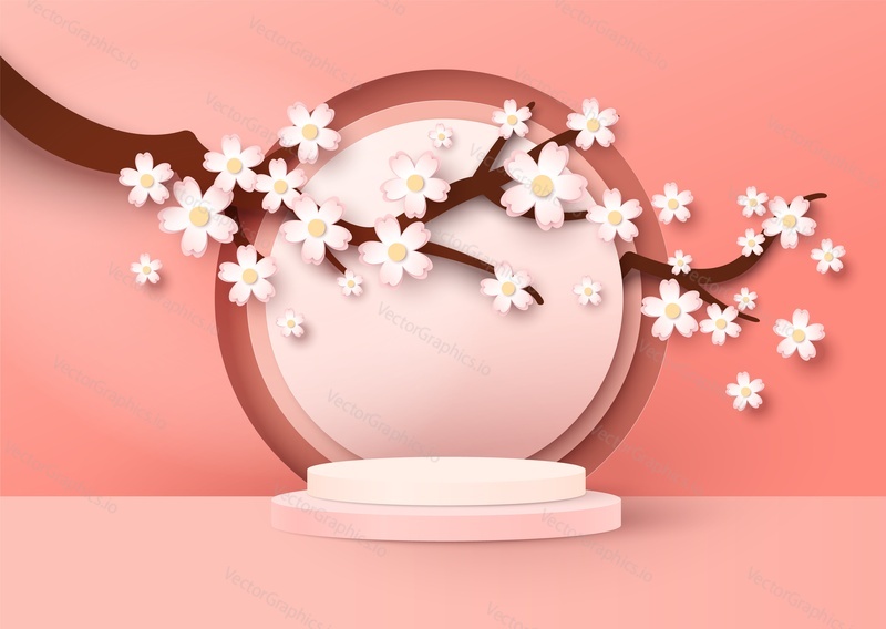 Display podium mockup, paper cut sakura tree branch with flowers, cherry blossom, vector illustration. Spring background, floral pedestal, stage for beauty and cosmetic product ads.
