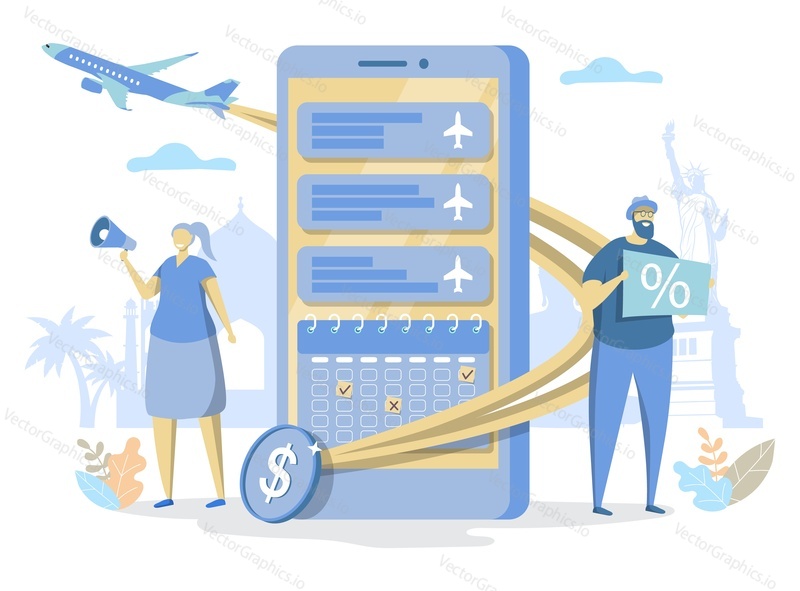 Cheap international flight ticket offers, flat vector illustration. Online flight mobile booking service. Travel by air.
