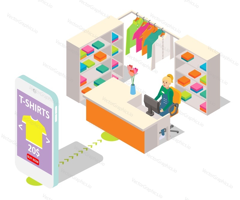 Internet store, flat vector isometric illustration. Online shopping with mobile app, ecommerce, electronic payment, internet retail business.