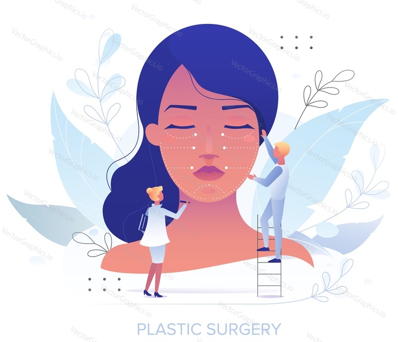Doctor plastic surgeon drawing incision lines with marker on female face, flat vector illustration. Plastic surgery, cosmetic procedure. Aesthetic surgery. Facial rejuvenation.