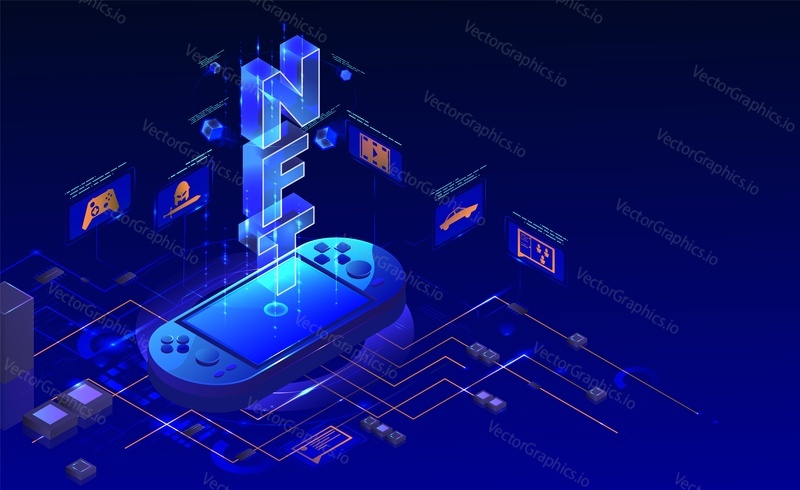 NFT mobile games, neon light vector isometric illustration. Non fungible token, NFT blockchain technology, crypto video games, gaming in metaverse.