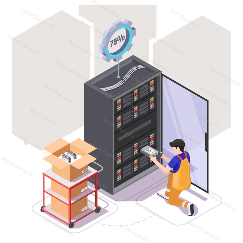 Engineer repairing and fixing server network in data center, flat vector isometric illustration. Server maintenance and repair services.