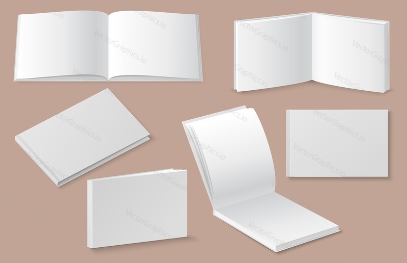 Realistic empty photo album, drawing album mockup set, vector isolated illustration. Blank hardcover book horizontal templates.