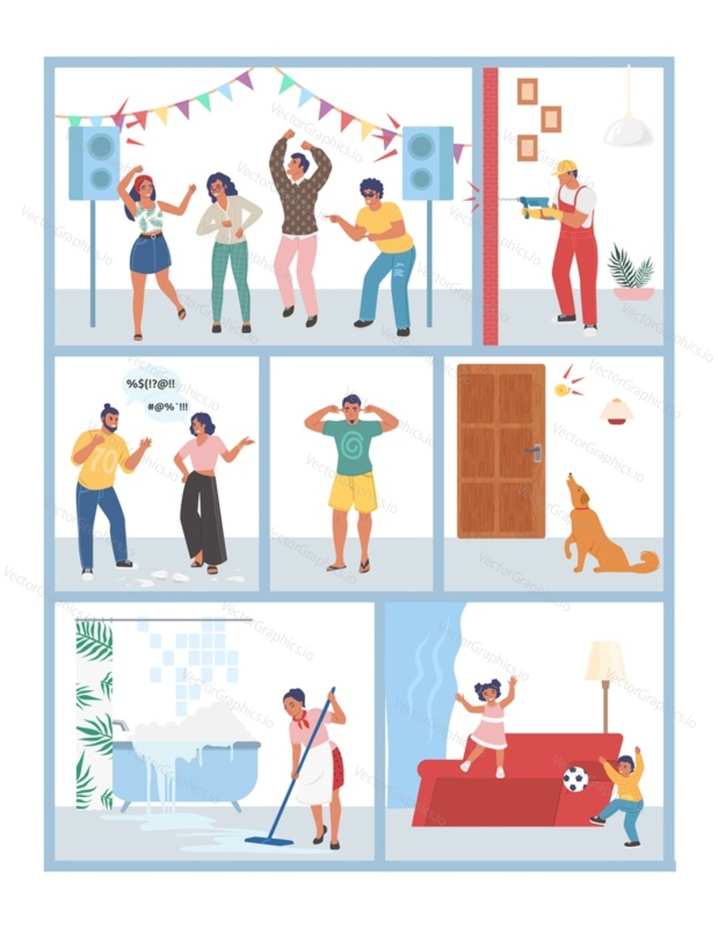 Apartment noise scene set, flat vector illustration. Noisy neighbors dancing, couple screaming, man drilling wall, dog barking by entrance door, loud children playing.