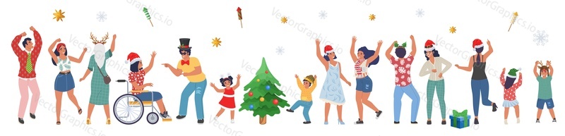People celebrating Christmas party, flat vector isolated illustration. Family characters adults and kids, colleagues, friends dancing and having fun. Winter holidays celebration.