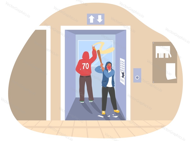 Street hooligans, graffiti painters wearing hoodies and face mask damaging public property, flat vector illustration. Street vandals painting elevator with paint spray, beating it with bat. Vandalism.
