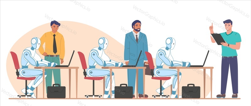 Robots working on computers performing certain tasks, flat vector illustration. AI and rpa software technology. Artificial intelligence and robotic process automation.