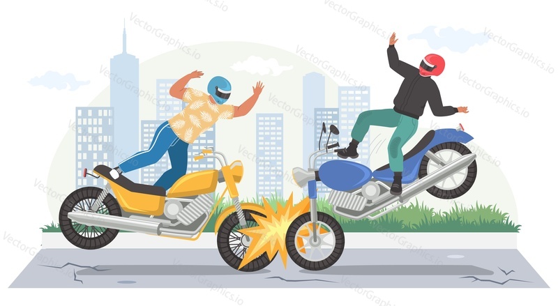 Motorcycle accident, flat vector illustration. Road crash. Two motorbikes collision. Road traffic accident.