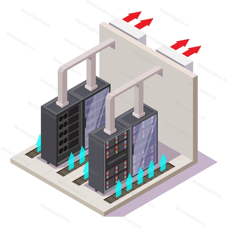 Data center air conditioning equipment, flat vector isometric illustration. Cooling system for controlling ventilation and temperature in server room.