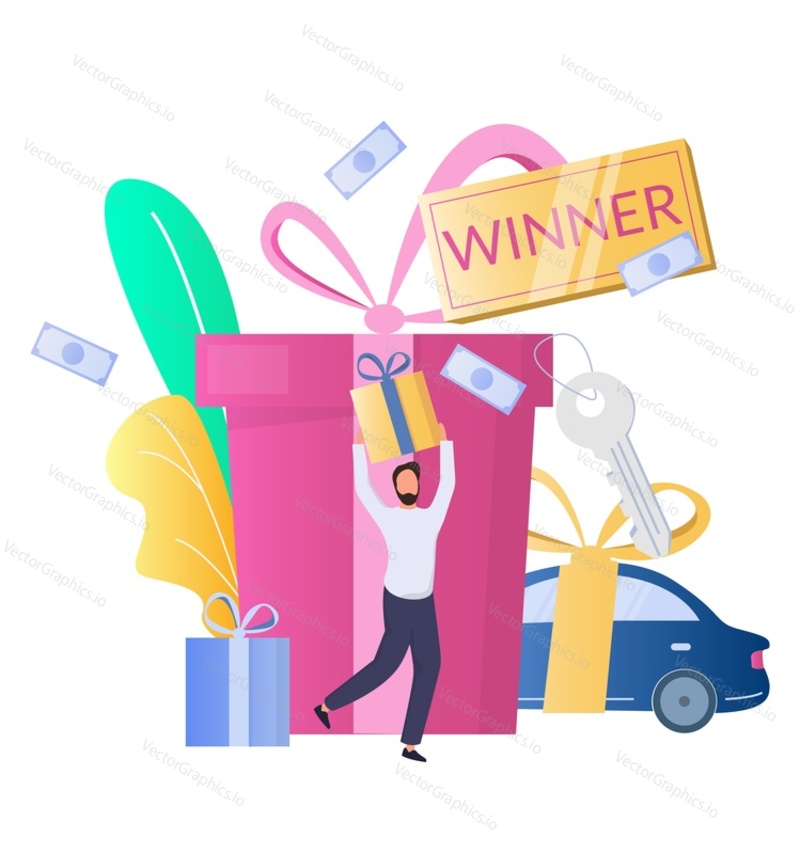 Huge gift box and car with ribbons, happy man, lucky prize winner with gift box, flat vector illustration. Raffle, lottery game winner, prize draw concept.