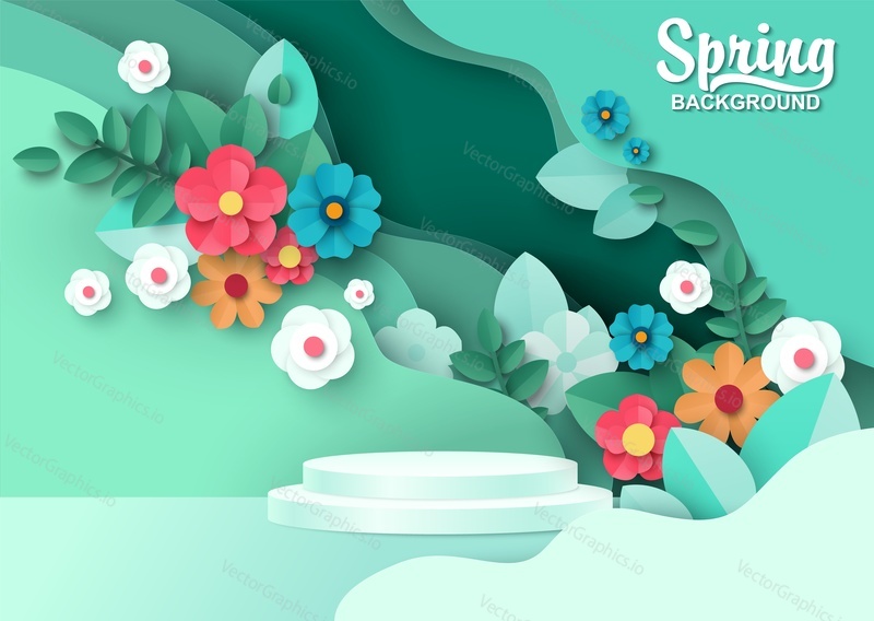 Display podium mockup, paper cut spring flowers and leaves, vector illustration. Fresh spring nature background, pedestal, stage for beauty and cosmetic product ads.