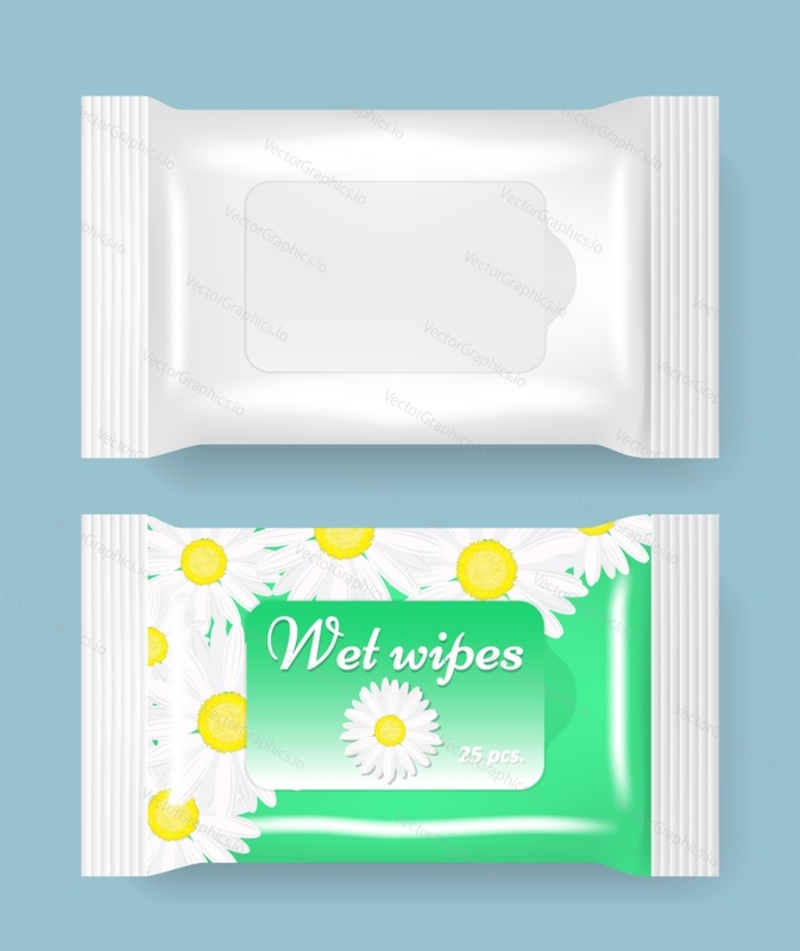Wet wipes packaging plastic bag mockup set, vector illustration. Realistic white blank and chamomile cosmetic napkins for skin care, wet tissue in pack with flap.