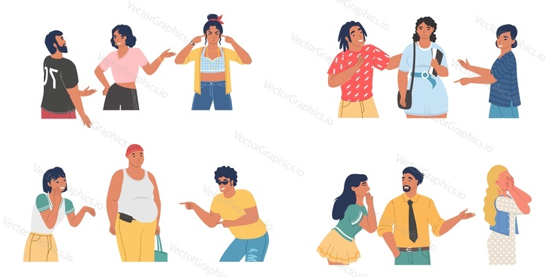 People spreading rumors, laughing, pointing, bullying their victim, flat vector isolated illustration. Conflict, mockery or violence.