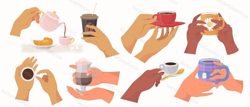 Женские руки, держащие чайные чашки и кофейные кружки, плоская векторная изолированная иллюстрация. Горячие напитки, чтобы согреться.