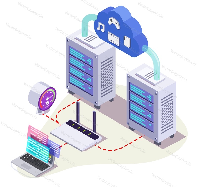 Server racks, wifi router, laptop computer and cloud, flat vector isometric illustration. Cloud hosting internet speed.