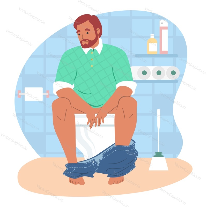 Man sitting on toilet bowl, flat vector illustration. Toilet routine.