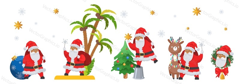 Santa Claus cartoon character set, flat vector isolated illustration. Cute Santa with Christmas tree, reindeer, wreath, bauble, sparklers, sack full of gifts.