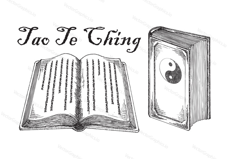 Дао Дэ Цзин, Священная книга религии даосизма. Древние китайские философские тексты, священные Писания, векторная иллюстрация в стиле винтажного эскиза, изолированная на белом фоне.
