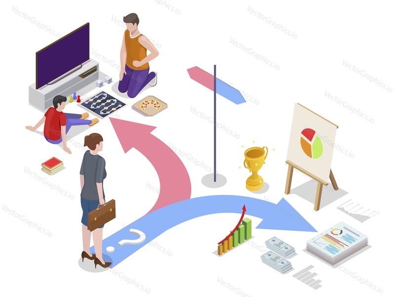 Business woman choosing path between office work, career and family standing at crossroads, flat vector isometric illustration. Decision making.