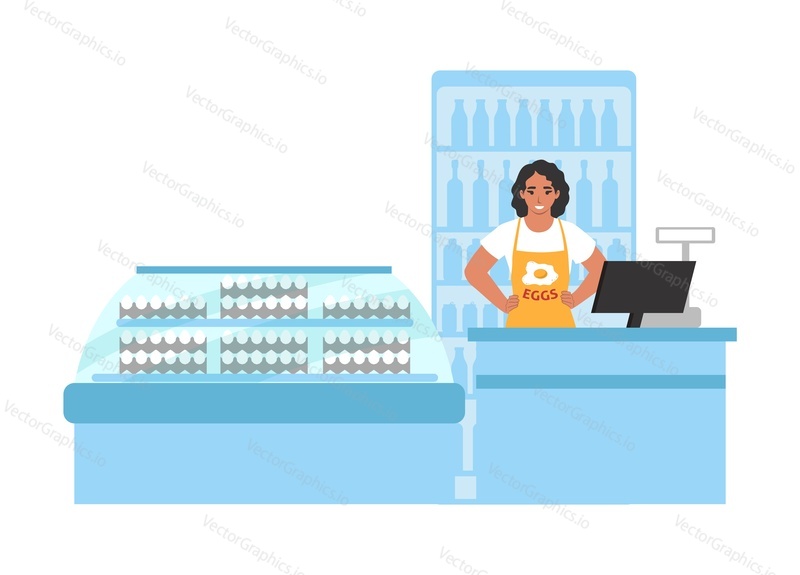 Poultry farming store, flat vector illustration. Saleswoman standing at display counter with fresh chicken eggs. Farm food market. Supermarket, grocery store. Retail shop.