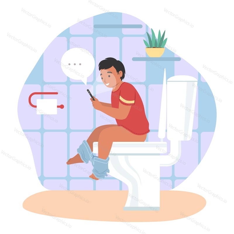 Kid boy sitting on toilet bowl with smartphone, flat vector illustration. Toilet routine, smartphone addiction.