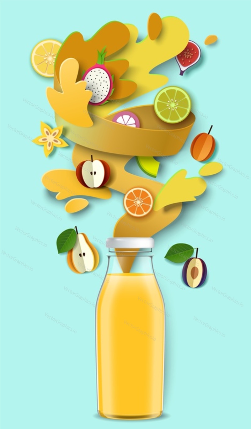 Mixed fruit juice packaging glass bottle, paper cut craft style fresh plum, apricot, apple, pear, citrus fruits, liquid splashes and drops, vector illustration. Healthy natural beverage.