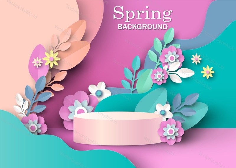 Round display podium mockup, paper cut spring flowers and leaves, vector illustration. Spring floral background, pedestal, stage for beauty and cosmetic product ads.