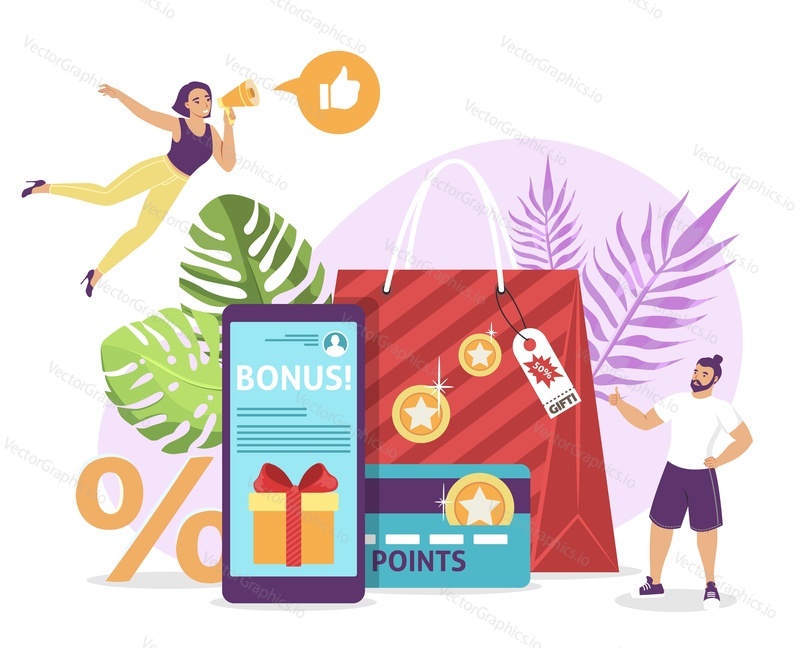 Business people attracting new buyers with giving points, bonuses, discount cards for online purchases, flat vector illustration. Customer reward loyalty program, internet store marketing strategy.