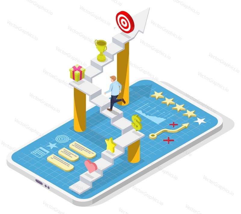 Gamification interactive content, flat vector isometric illustration. Consumers engagement, customers attraction with rewards. Gamification mobile app.