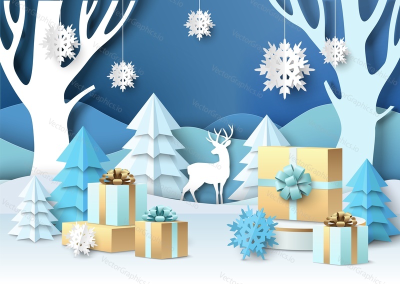 Merry Christmas scene, vector illustration. Gift box with ribbon and bow on display podium, paper cut winter background with deer silhouette.