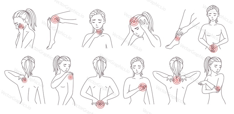 Female body painful zone set, vector illustration. Sick patient body parts head neck foot shoulder elbow knee breast with red pain dots. Migraine, headache, backache, stomach ache, physical injury.