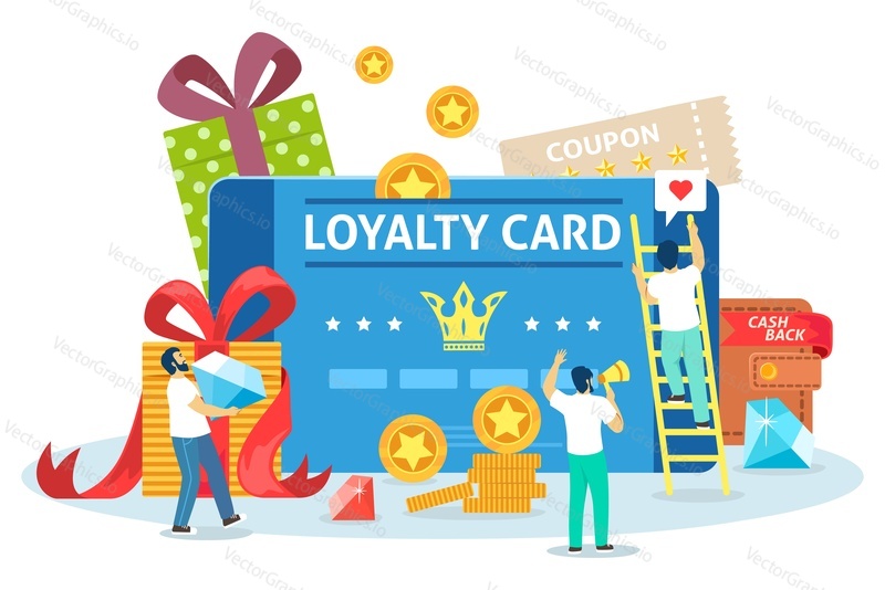 People getting discount card, coupon or voucher, cash back bonuses, flat vector illustration. Online shopping gifts, rewards. Customer attraction loyalty programs.