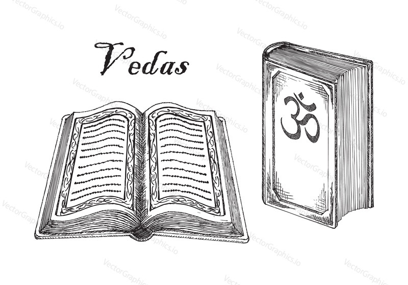 Vedas, Hinduism religion Holy Book. Ancient Hindu sacred texts, holy scriptures, vector vintage sketch style illustration isolated on white background.