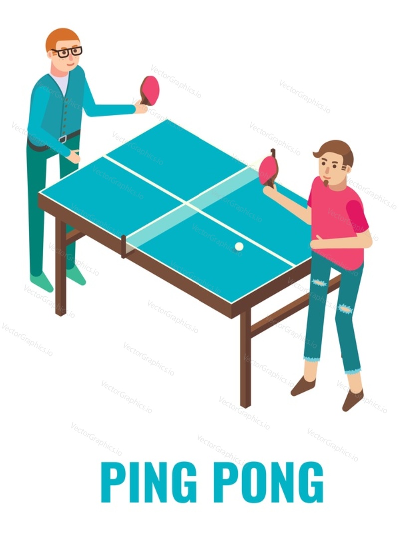 Two male characters playing ping pong table tennis arcade game, flat vector isometric illustration. Game club, room, zone attractions, fun activities, entertainment. Arcade gaming.