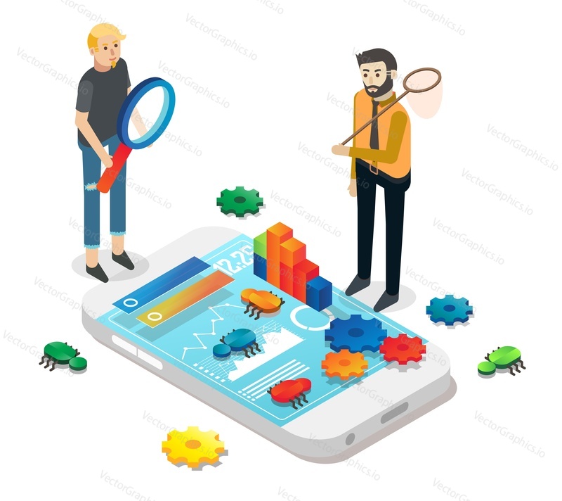 People catching bugs on smartphone screen, flat vector isometric illustration. Mobile development and testing process, quality assurance, debugging.