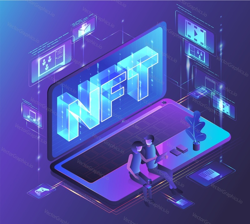 NFT, non fungible token, digital crypto art blockchain technology, vector isometric illustration, neon light design.