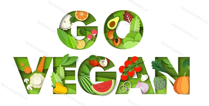 Go vegan, typography vector banner template. Paper cut fresh vegetables, sweet watermelon, apple, pear and tropical fruits inside of letters. Healthy diet, organic nutrition, vegetarian food, go green