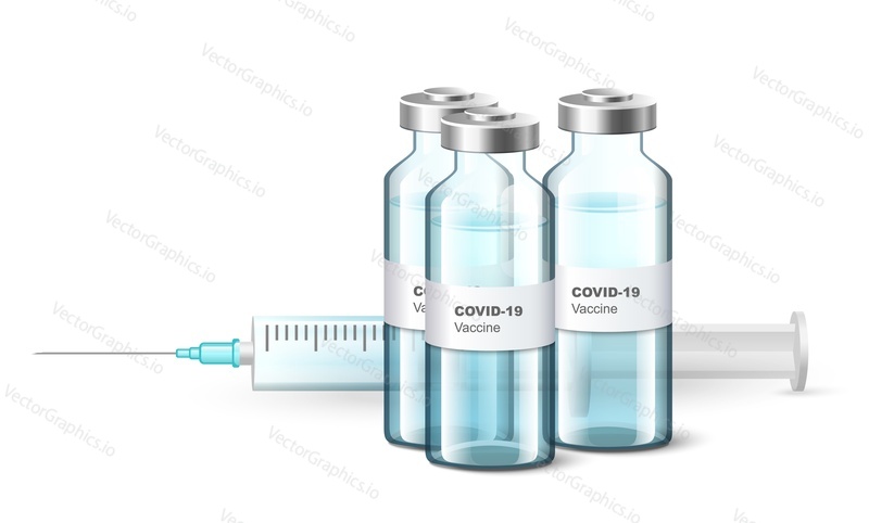 Covid-19 vaccine vial with injection syringe, vector illustration. Coronavirus vaccination campaign, protection against covid disease.