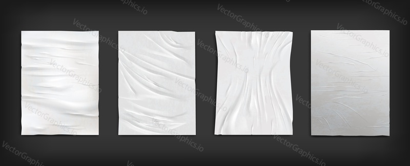 White wet wrinkled paper sheets, posters glued to street wall, pillar or column mockup set, vector illustration. Realistic blank creased pieces of paper. Crumpled paper texture.