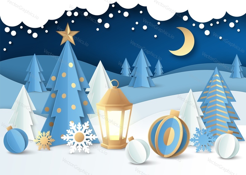 Merry Christmas scene, vector illustration in paper art style. Decorated Christmas tree with balls, lantern, winter night forest landscape.