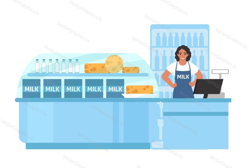 Dairy store, flat vector illustration. Saleswoman standing at dairy display counter with milk bottles and cheese. Farm food market. Supermarket, grocery store milk products section, department.